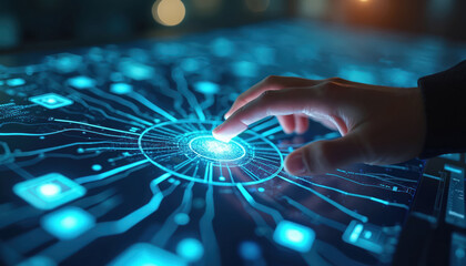 Hand interacts with glowing digital interface. Futuristic circuit board with blue lights shows complex network. Data flow visualized on screen.