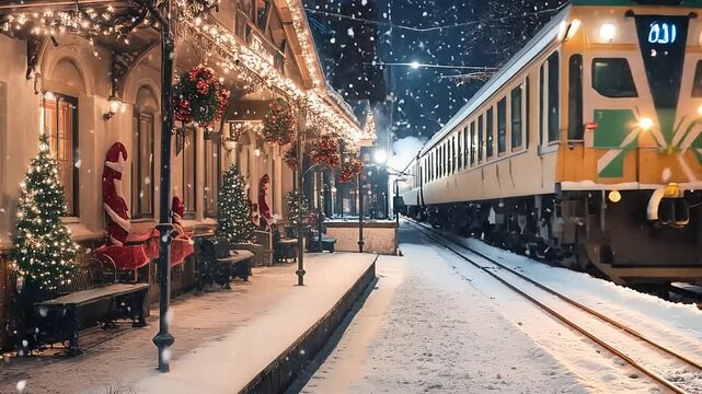 Animated train at a snowy station decorated for Christmas. Festive winter holiday scene with falling snow at night. Magical travel concept
