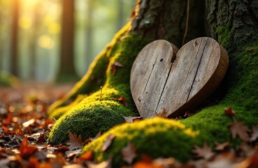 Wooden heart rests against tree trunk covered with moss. Autumn leaves scatter around. Woodland scene evokes peace, reflection. Warm sunlight filters through trees. Heart love, loss, remembrance.