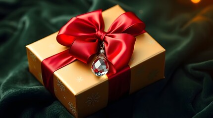 Golden gift box with red ribbon and gemstone pendant