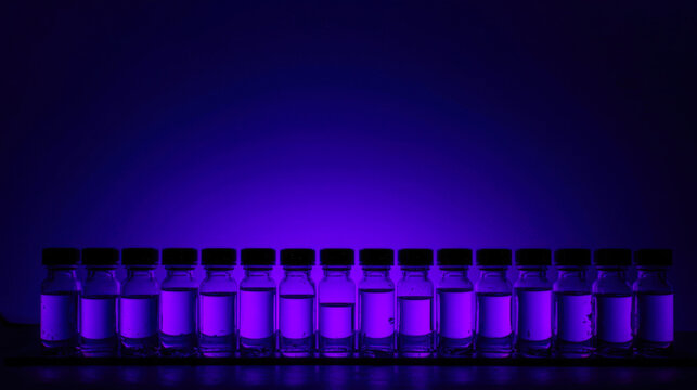 Lineup of transparent glass bottles filled with liquid illuminated by violet neon light. Background for medical, cosmetic or chemical design with copy space.