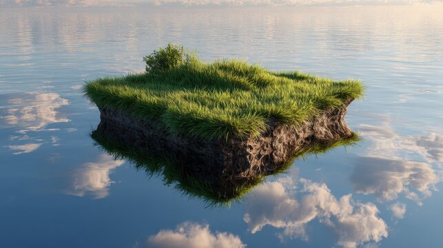 Floating land covered in lush green grass surrounded by calm water and reflecting clouds in bright daylight