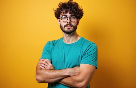 Young man with curly hair, beard, glasses poses confidently. Wears turquoise t-shirt, arms crossed. Guy looks at camera on yellow background. Serious male model, smart student, pro adult, tech worker