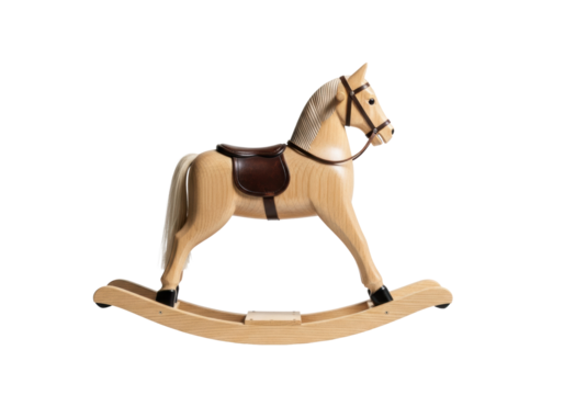 Classic heirloom wooden rocking horse, hand-carved pale oak, worn leather saddle, isolated side profile shot on transparent studio background with soft shadow. Concept of childhood nostalgia.