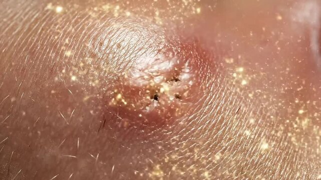 Close up of a blackhead extraction cross section CGI animation of oxidized sebum dissolving with serum action for pore cleansing and dermatology