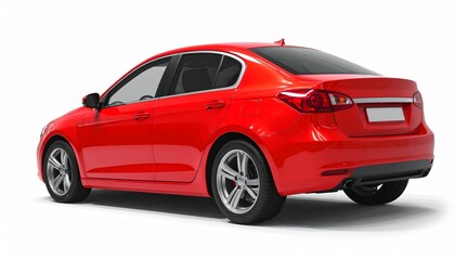 Rear-left view of a sleek red sedan with tinted windows and alloy wheels, isolated on white background. Modern design highlights the car&rsquo;s contours and rear detailing, ideal for promotional or catalog