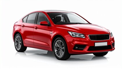 Obraz premium Rear-left view of a sleek red sedan with tinted windows and alloy wheels, isolated on white background. Modern design highlights the car’s contours and rear detailing, ideal for promotional or catalog