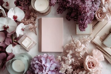 Workspace featuring wedding planner decorations and floral arrangements with candles and a blank notebook for planning events in a serene ambiance