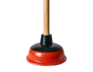 Red rubber plunger with a wooden handle, isolated