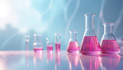 Laboratory glassware holds pink liquid. Pink fluid in beakers and flasks, research bottles on reflective surface. Medical science or cosmetic industry concept.