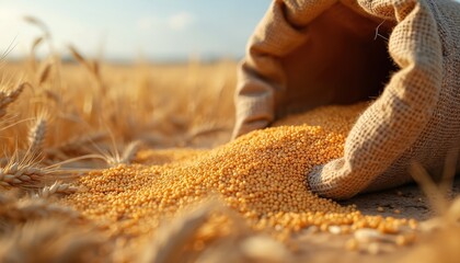 Wheat grain spills from burlap sack onto ground in harvested field. Ripe wheat stalks surround pile of golden seeds. Agriculture, food supply chain, harvest season concept.