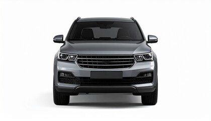 Naklejka premium Front view of a silver SUV with sleek headlights, horizontal grille slats, and integrated fog lights, captured in clean lighting.