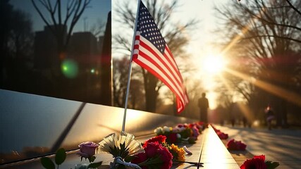 American flag and flowers at the Vietnam Veterans Memorial wall. Tributes left in remembrance of fallen soldiers at sunset. Patriotism and honor concept