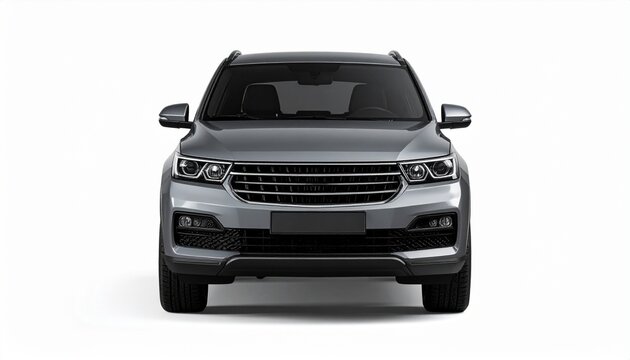 Front view of a silver SUV with sleek headlights, horizontal grille slats, and integrated fog lights, captured in clean lighting.