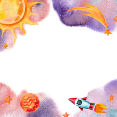 A space-themed square frame with empty space for text. A template with watercolor illustrations for cards, posters, invitations, and other designs.
