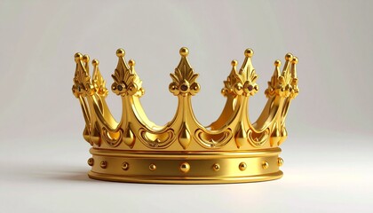 Golden crown with pointed arches and spherical tips, resting on a neutral surface under soft lighting.