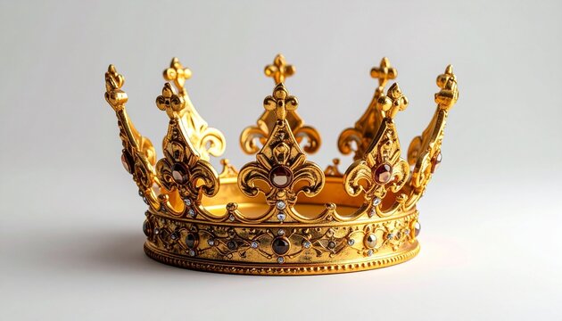Golden crown with pointed arches and spherical tips, resting on a neutral surface under soft lighting. - Powered by Adobe