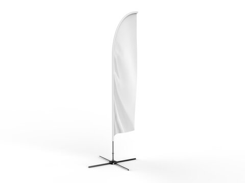 Blank white feather flag outdoor advertising shield flag banner or vertical wind banner mock up template isolated in mall. 3d illustration.
