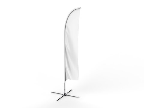 Blank white feather flag outdoor advertising shield flag banner or vertical wind banner mock up template isolated in mall. 3d illustration.