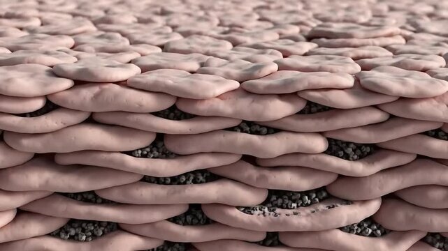 Close up microscopic view of human skin layers showing cellular structure and immune response with glowing particles and a backdrop of stratified