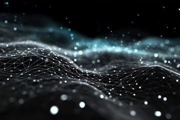 Exploration of abstract technology particles creating a dynamic mesh background with intricate wave patterns and glowing elements at night