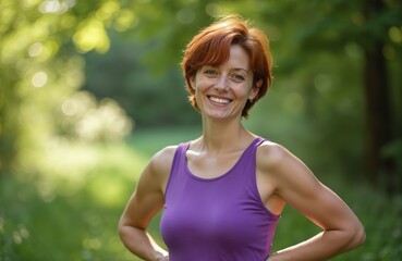 Fototapeta premium Smiling woman with red hair stands outdoors in park wearing purple tank top. Hands on hips, looking at camera with confidence, friendly attitude. Natural sunlight filters through green trees behind.