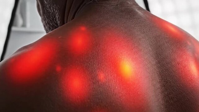Close up of a man's sweaty back and shoulders illuminated by glowing red heat therapy lights indicating muscle pain and therapeutic treatment in a