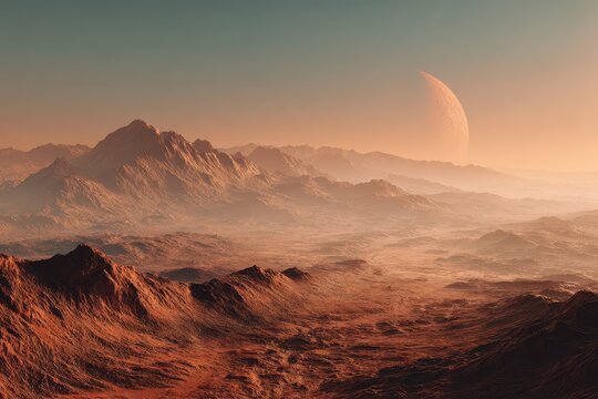 Vast and rugged landscape of an imaginary Mars planet at dusk showcasing distant mountains and a large celestial body in the sky