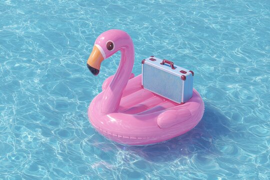 Pink flamingo inflatable belt floating in clear water beside a travel suitcase at a sunlit pool during a summer afternoon