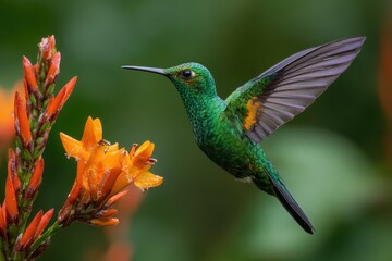 Naklejka premium Greencrowned brilliant hovering near vibrant orange flowers in a tropical garden at dawn
