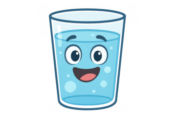 Happy drinking water glass character smiling illustrating healthy hydration and fresh liquid transparent background