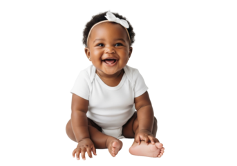 adorable african american baby girl (8 months) with soft curls and a white bow, sitting on a transparent backdrop, wide gleeful smile, high-key lighting, concept of happy infancy