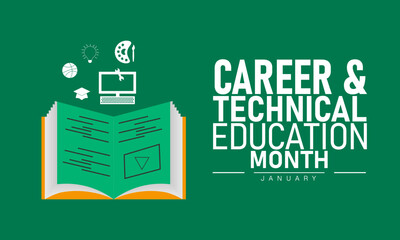 Career and Technical Education Month Poster Banner and Background Design Template Featuring Tools, Laptop, and Education Icons Illustration for Skills Training, Learning, and February Career Awareness