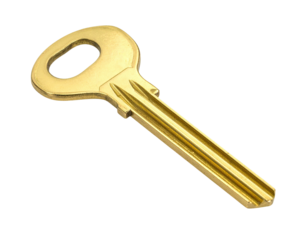 Brass key, oval hole, grooved shaft, close-up on black