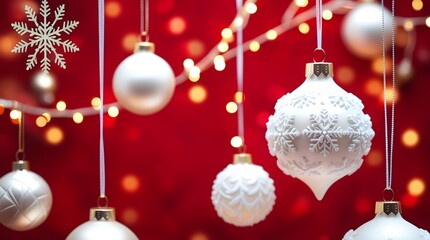 Elegant white christmas ornaments and bokeh lights on red background