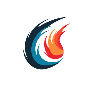 Abstract dynamic flame and wave symbol logo with curved sharp shapes in red orange and blue tones, minimalist modern vector design for branding and identity