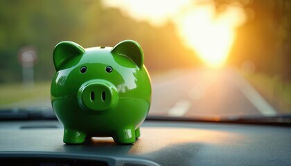 Green piggy bank sits on car dashboard. This symbolizes motoring costs and vehicle purchase. Money saving for fuel budget. Financial planning concept for car insurance tax expenses.