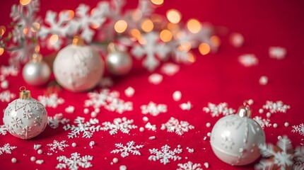 Festive christmas ornaments and snowflakes on a red background with bokeh lights
