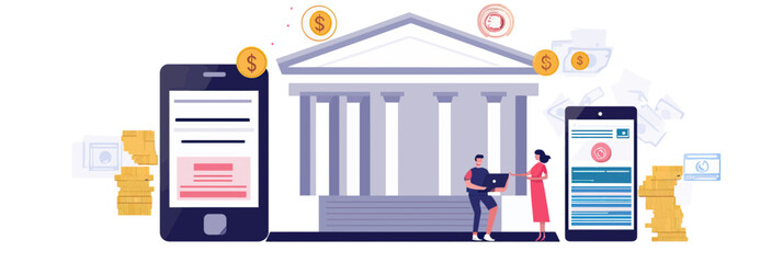 Online banking money transfer with smartphone apps between bank institutions digital transaction concept flat vector illustration