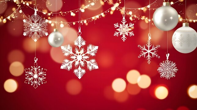 Festive christmas decorations with snowflakes and ornaments on red background