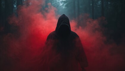 Mysterious figure in a hooded cloak emerges from red smoke. Dark forest background adds ominous feel. Image evokes fear suspense a touch of horror. It can be used for various projects.