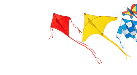 four brightly colored nylon kites floating dynamically, red, yellow, and blue, isolated on a clean high-key white studio background with copy space. concept of summer fun and recreation