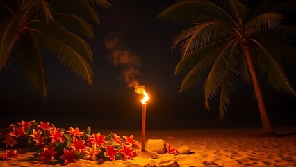 cryptogram. Tropical flowers and a flickering torch on a night beach. lifestyle magazines, social media lookbooks, designed for influencer and brand collaborations, drives engagement.