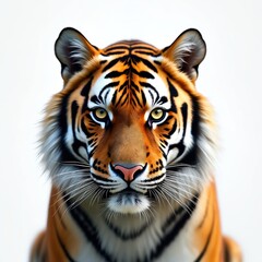 Fototapeta premium Close up portrait of majestic tiger face. Its intense yellow eyes stare directly forward, framed by distinctive black stripes on orange coat. Powerful predator with sharp gaze and prominent whiskers.