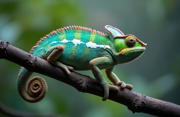 Obraz premium Green and blue chameleon reptile with yellow eye rests on tree branch. Colorful lizard camouflages in natural jungle habitat. Unique species shows textured skin and coiled tail.