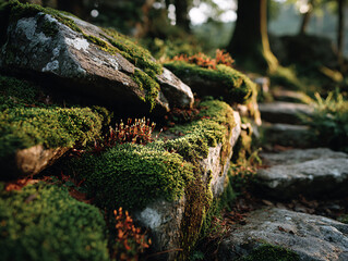 Obraz premium a forested area with moss-covered rocks and trees. The scene is lush with greenery, suggesting a humid and possibly temperate climate.