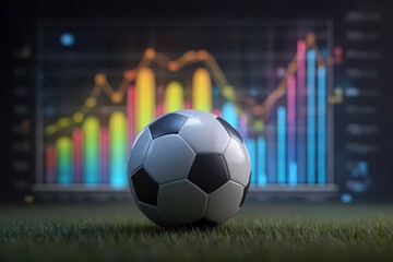 Colorful data graphs background highlights a soccer ball symbolizing the intersection of sports and analytics in a modern analysis environment