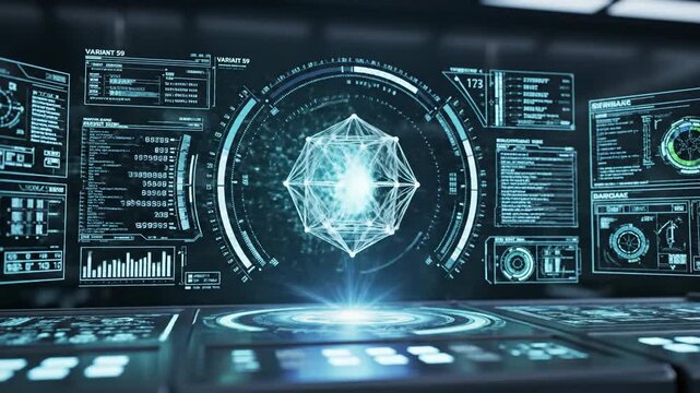 Abstract digital interface displaying data and geometric shapes