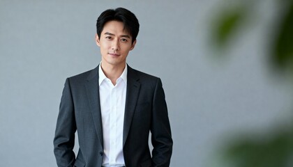 Confident Man in Classic Suit Against Soft Gradient Background with Subtle Greenery Accent