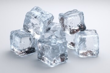 Realistic close-up view of ice cubes stacked together with crystal clear texture, showcasing freshness and coolness in a minimalist setting